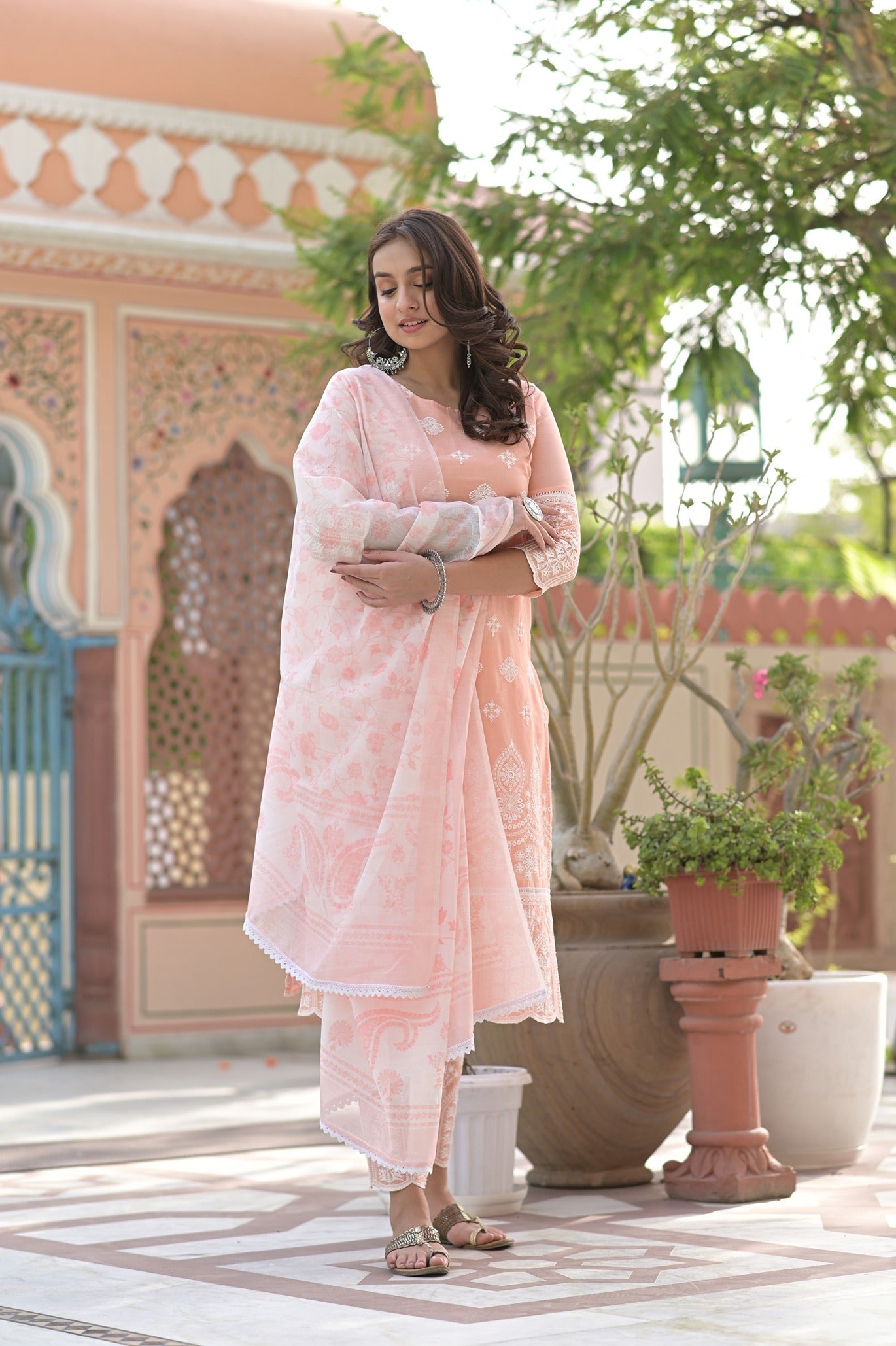 Peach Embroidered Dupatta Set 2