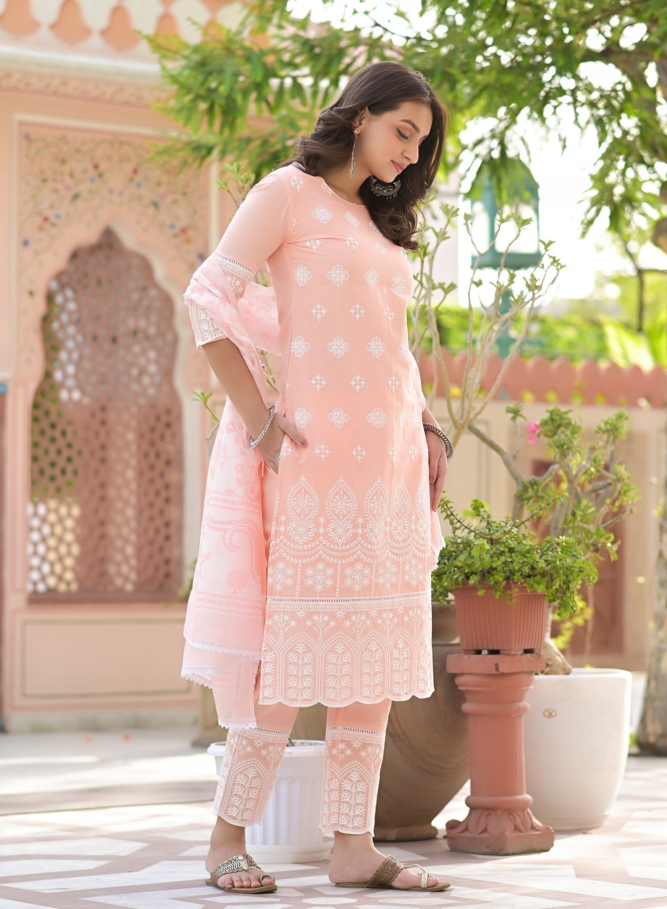 Peach Embroidered Dupatta Set 2