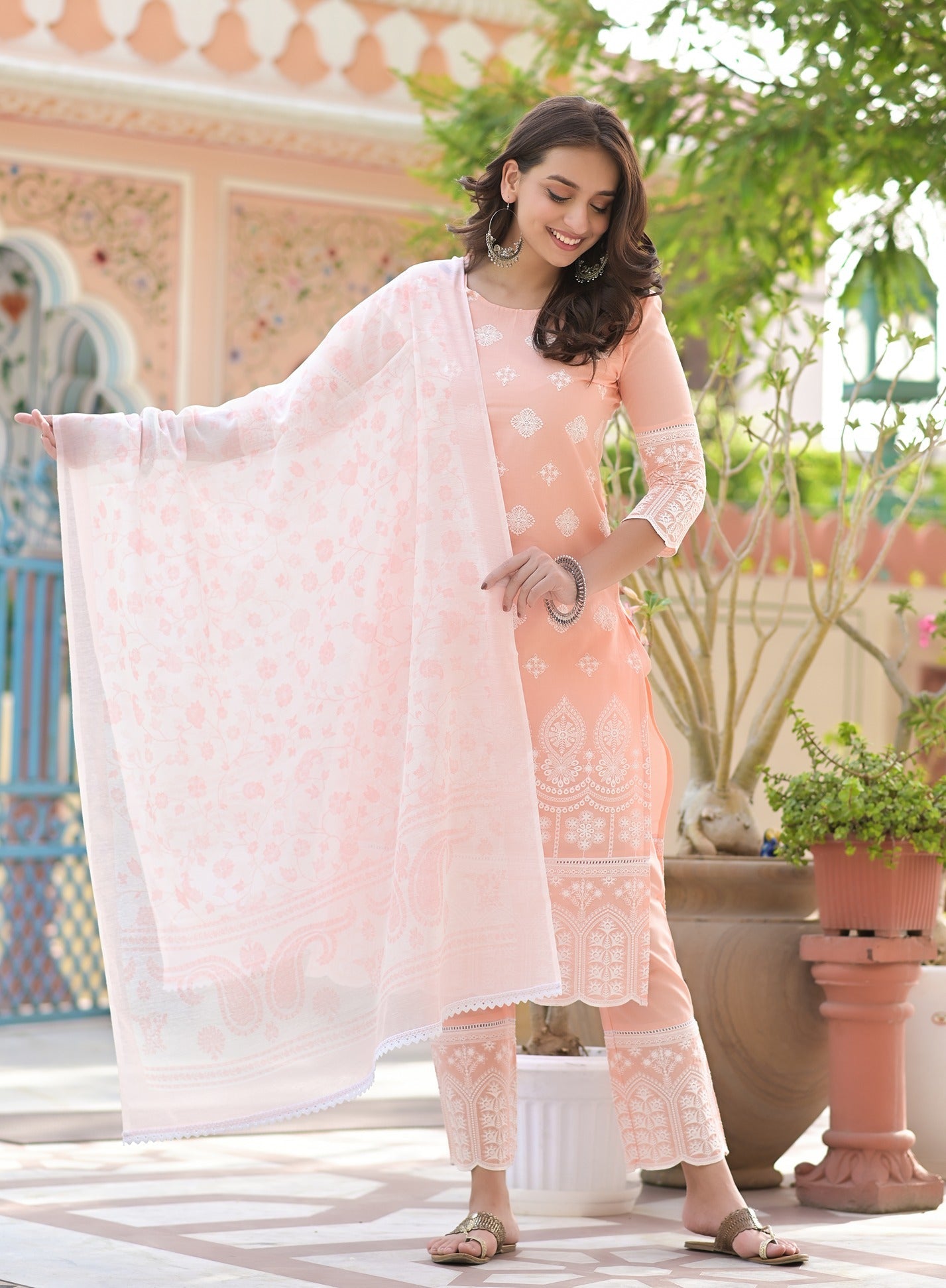 Peach Embroidered Dupatta Set 2