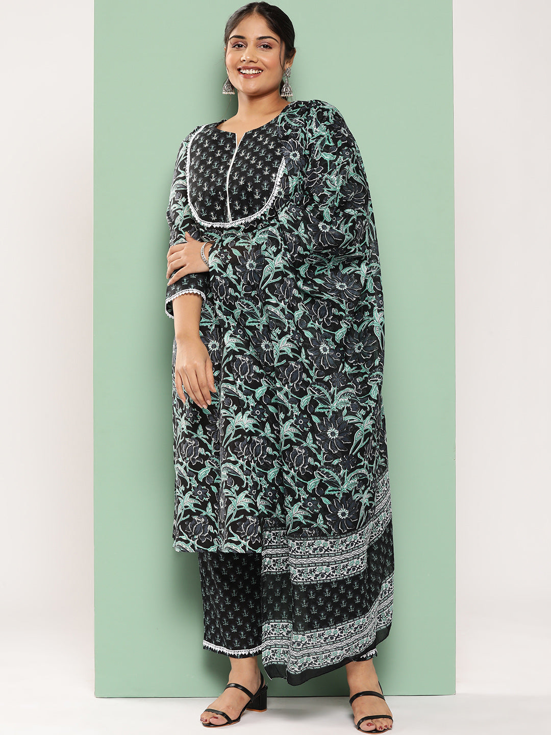 Plus Size Floral Printed Sequined Pure Cotton Kurta with Trousers & Dupatta