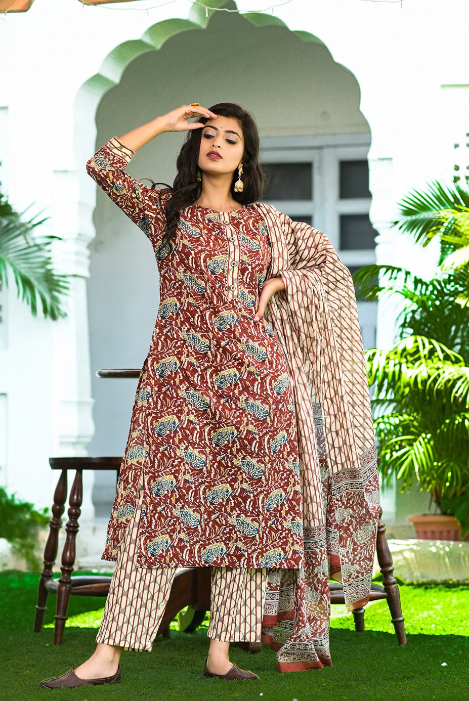 Maroon Printed Dupatta Set-Store