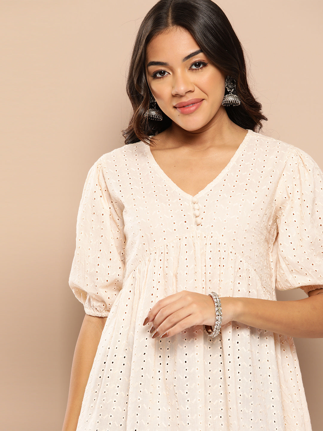 Schiffli Puff Sleeves Pure Cotton Tunic