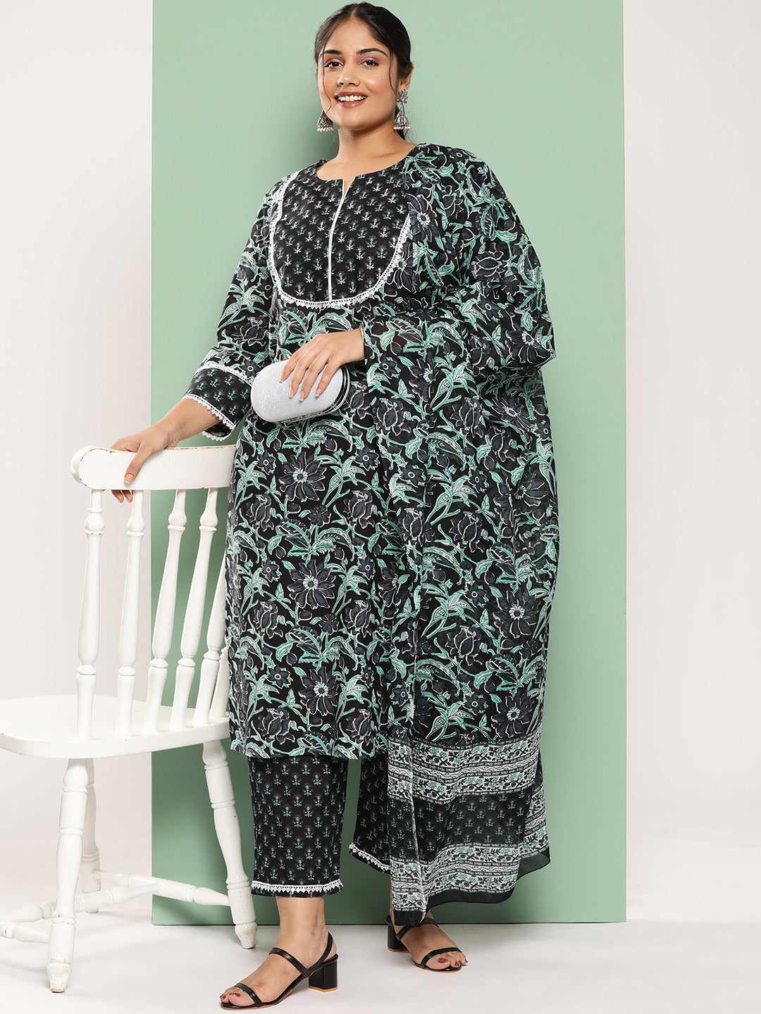 Plus Size Floral Printed Sequined Pure Cotton Kurta with Trousers & Dupatta