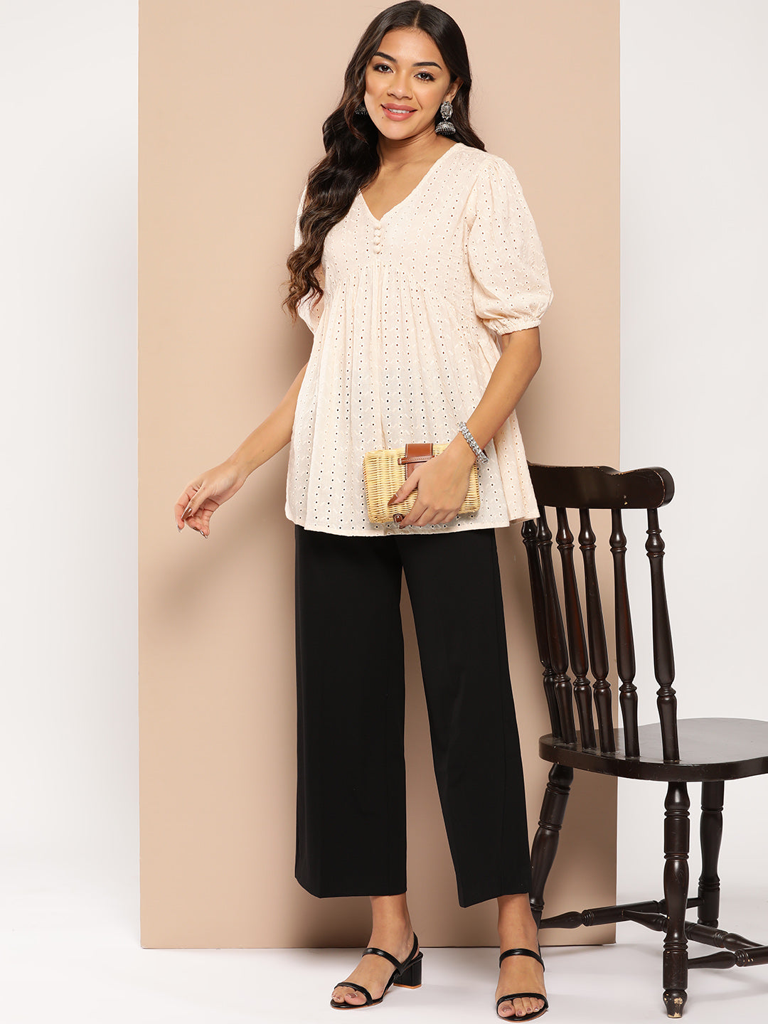 Schiffli Puff Sleeves Pure Cotton Tunic