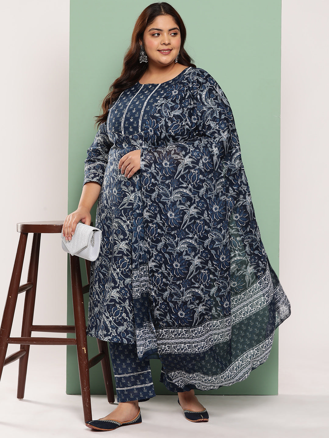 Blue Plus Size Floral Printed Pure Cotton Kurta with Trousers & With Dupatta