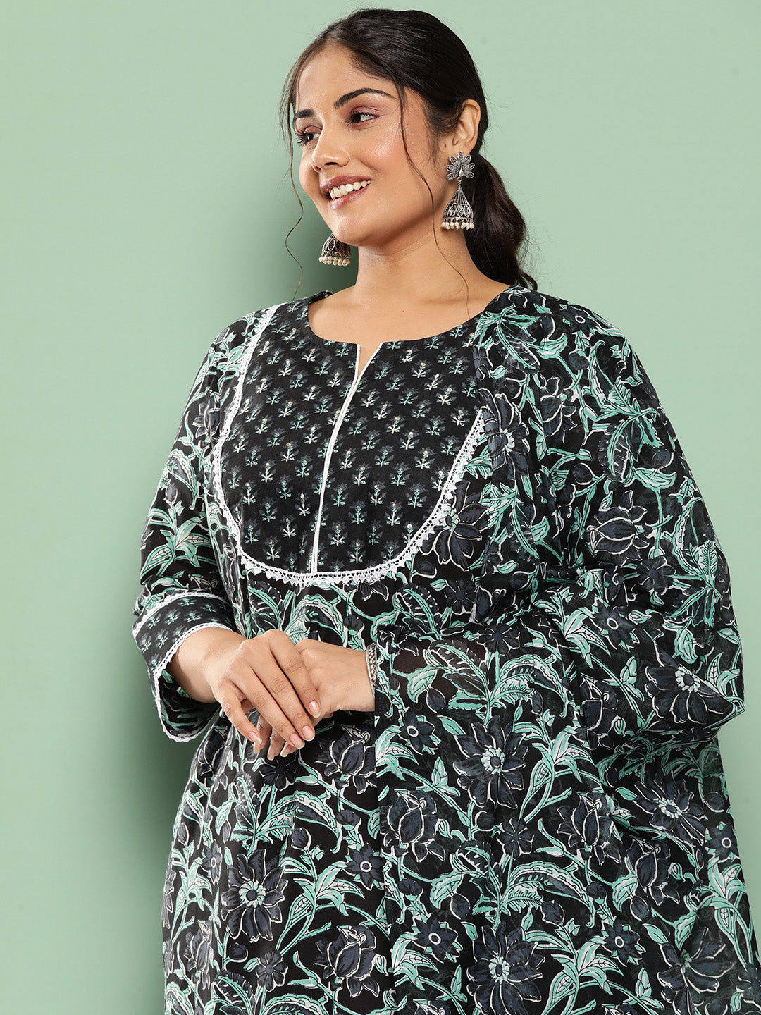 Plus Size Floral Printed Sequined Pure Cotton Kurta with Trousers & Dupatta