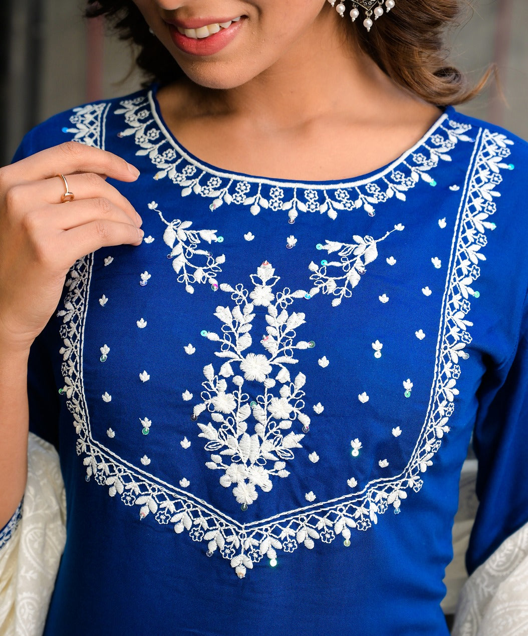 Blue and White Embroidered Dupatta Set-Store