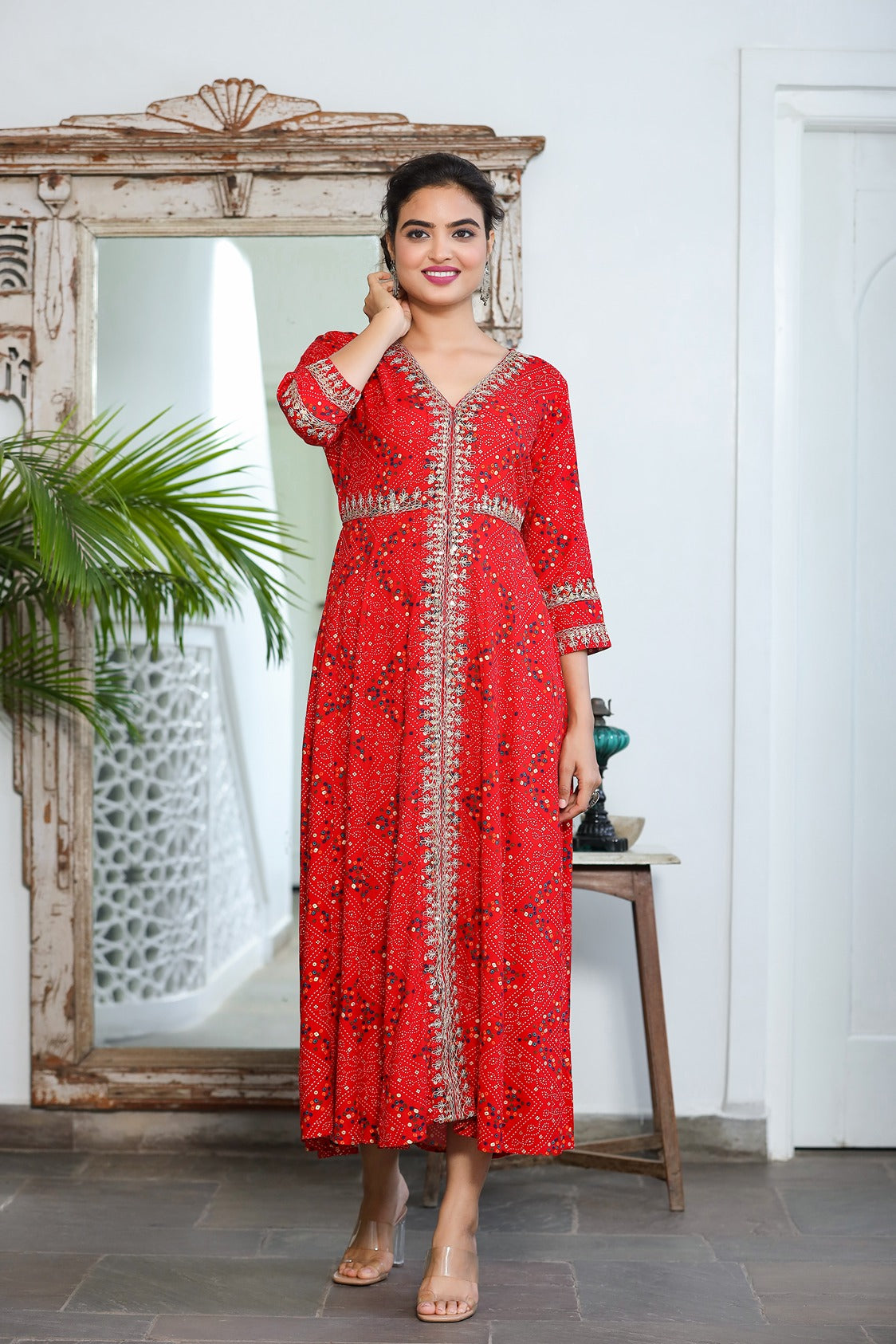 Red Bandhani Embroidered Dress-Store