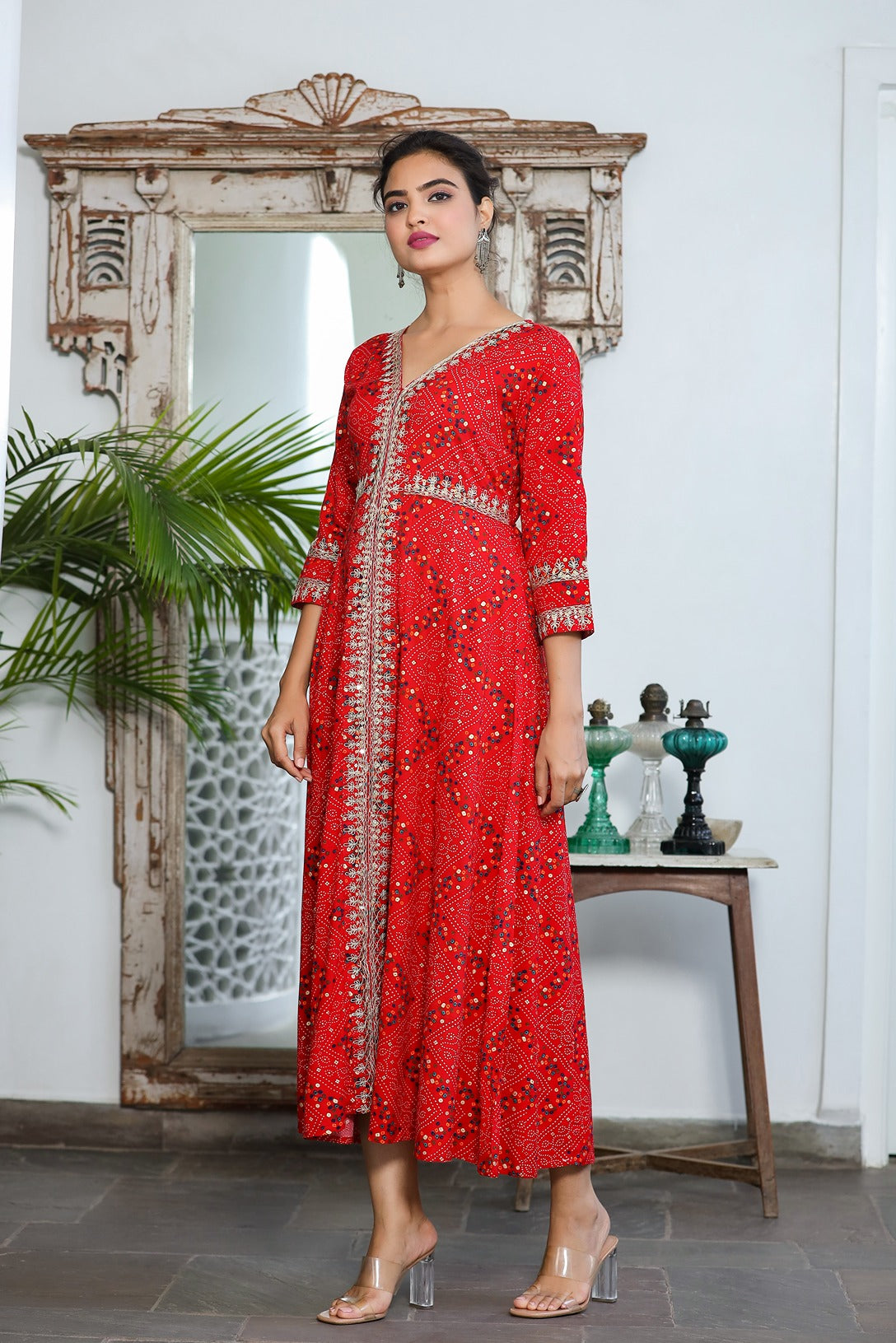 Red Bandhani Embroidered Dress-Store