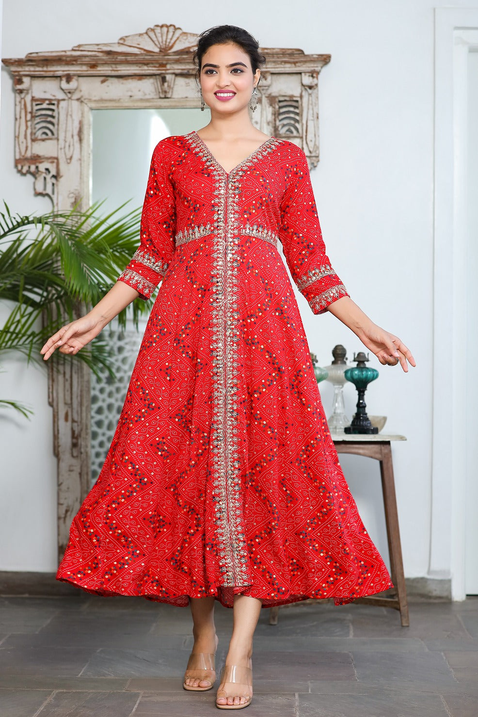 Red Bandhani Embroidered Dress-Store