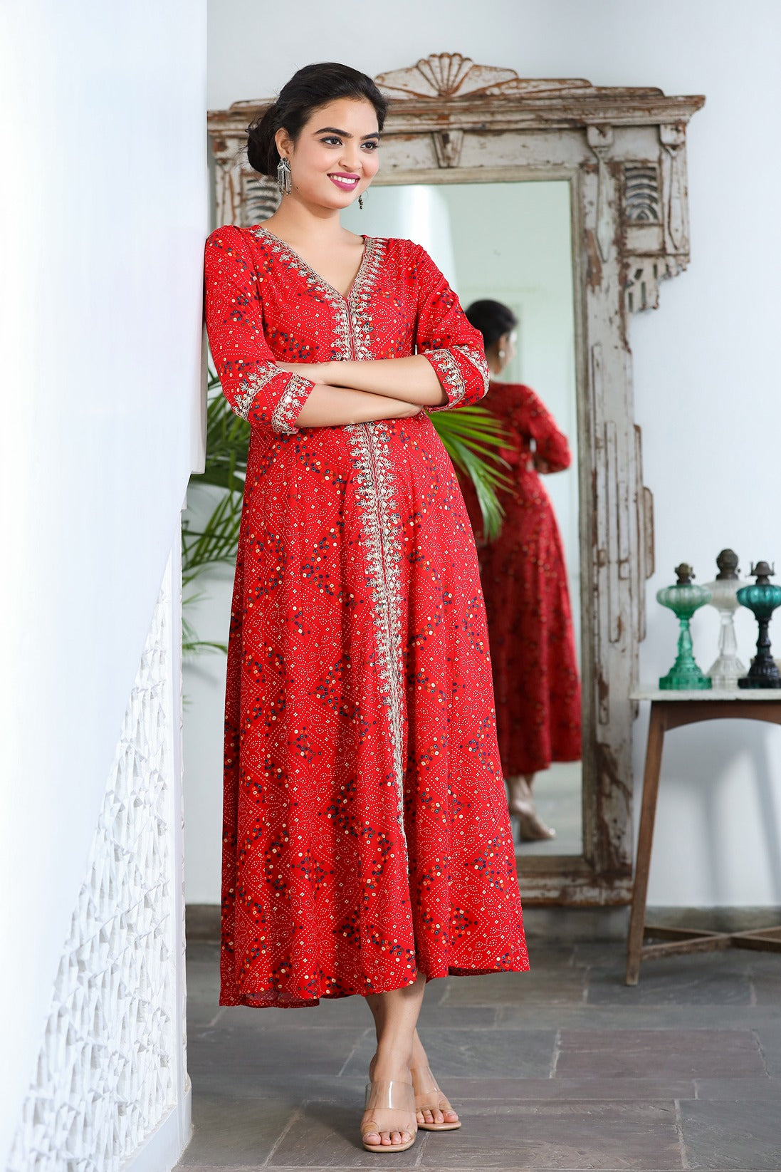 Red Bandhani Embroidered Dress-Store