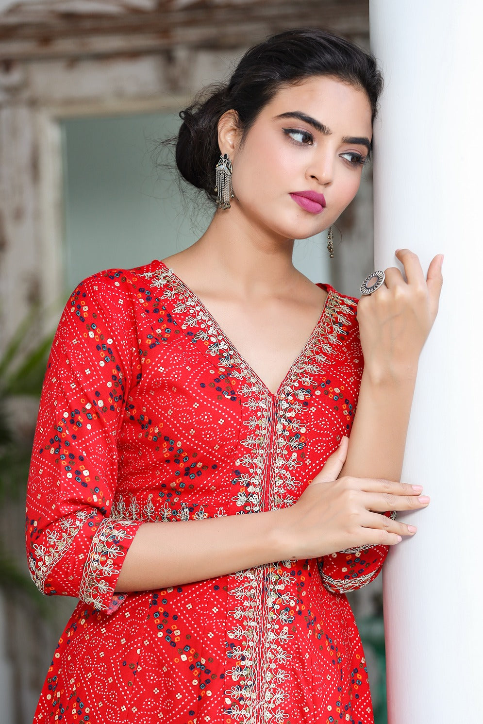 Red Bandhani Embroidered Dress-Store