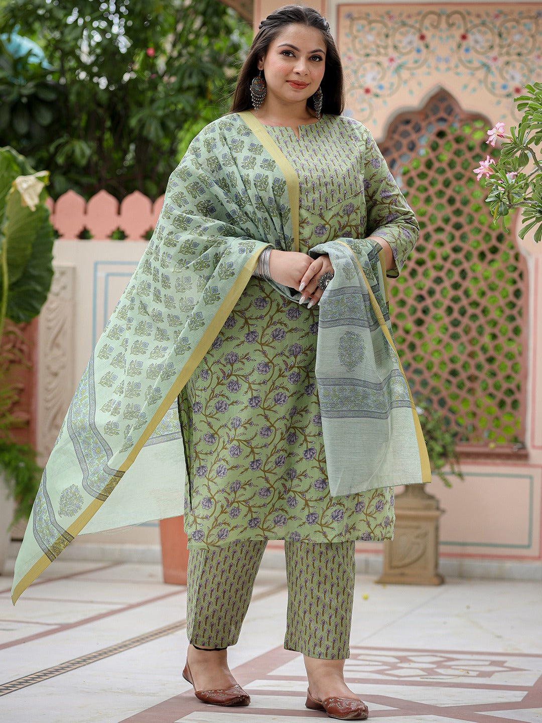 Plus Size Floral Printed Pure Cotton Straight Kurta Palazzos With Dupatta