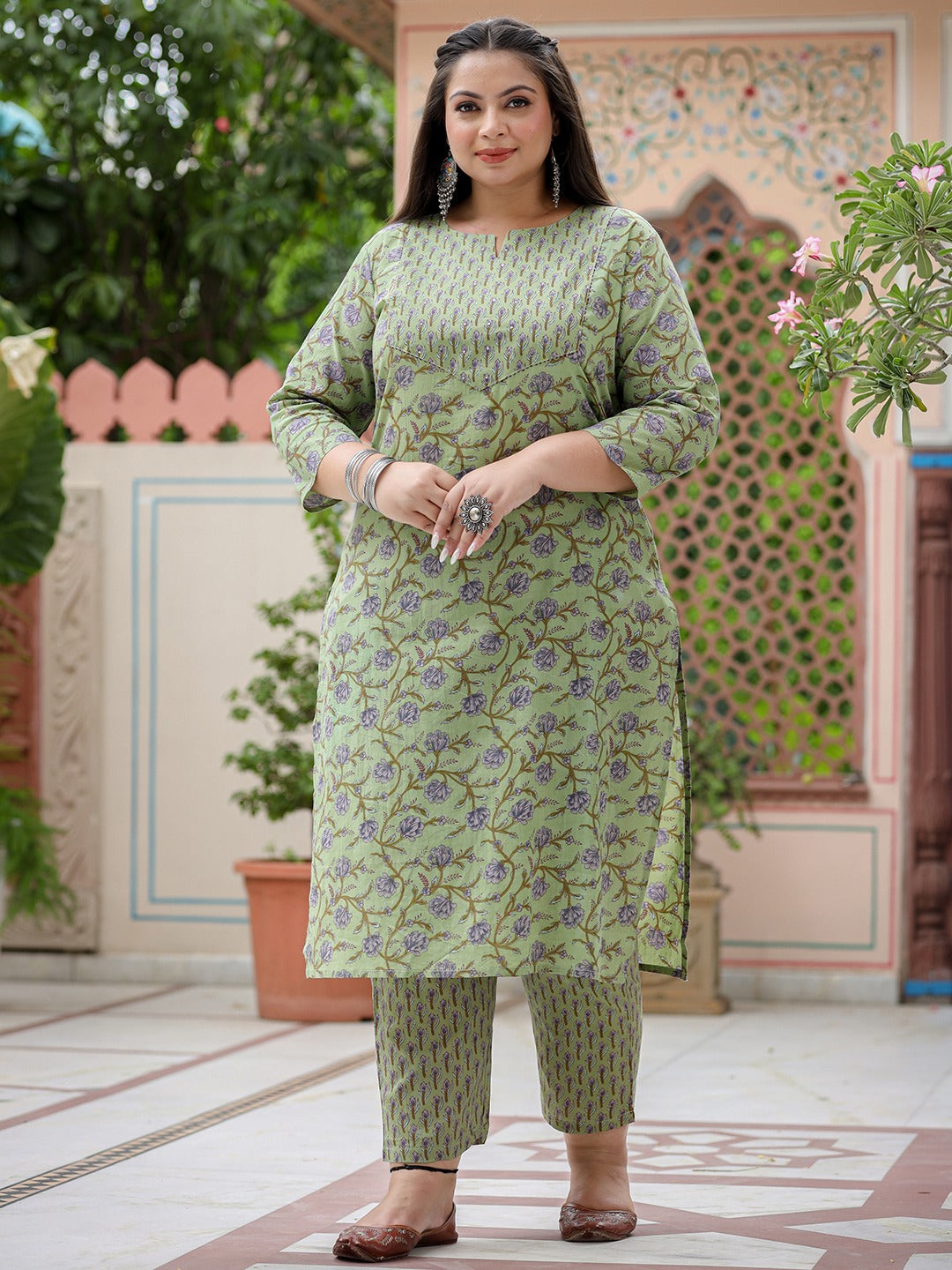 Plus Size Floral Printed Pure Cotton Straight Kurta Palazzos With Dupatta