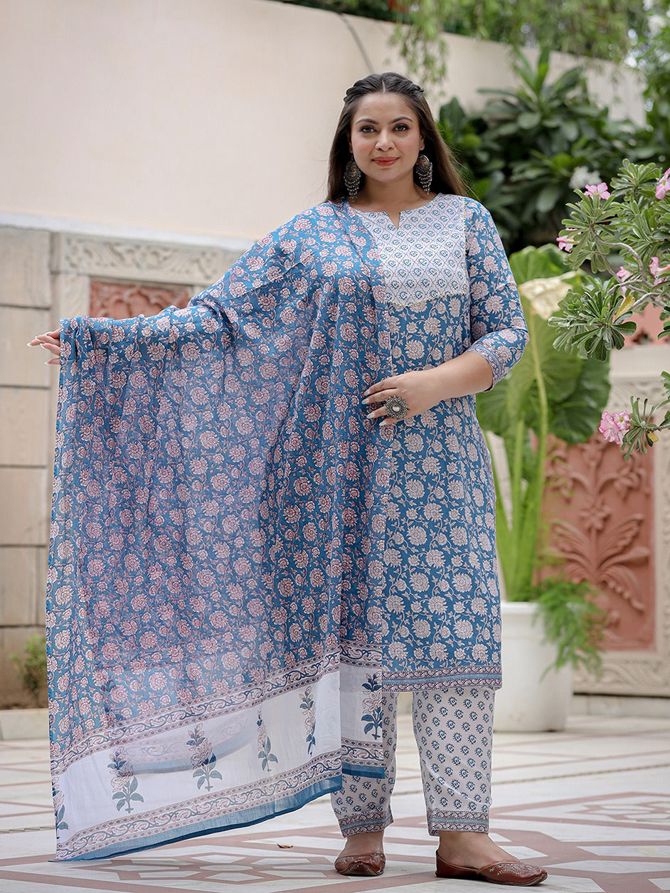 Plus Size Floral Printed Sequinned Pure Cotton Kurta Trousers With Dupatta