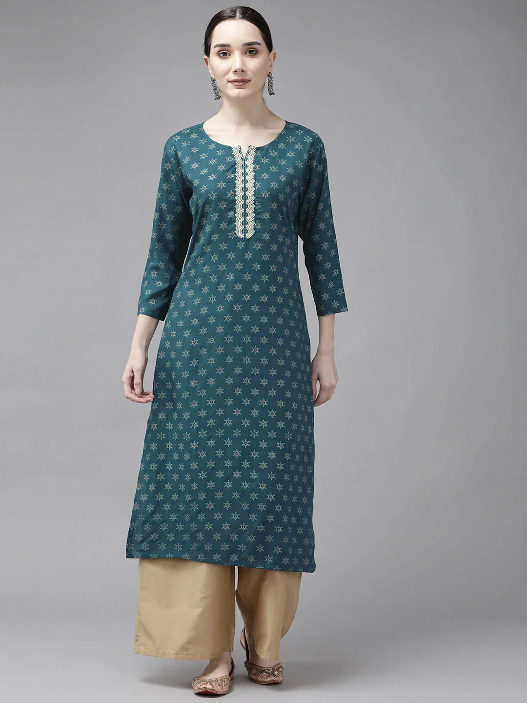 Teal Printed Thread Work Kurta