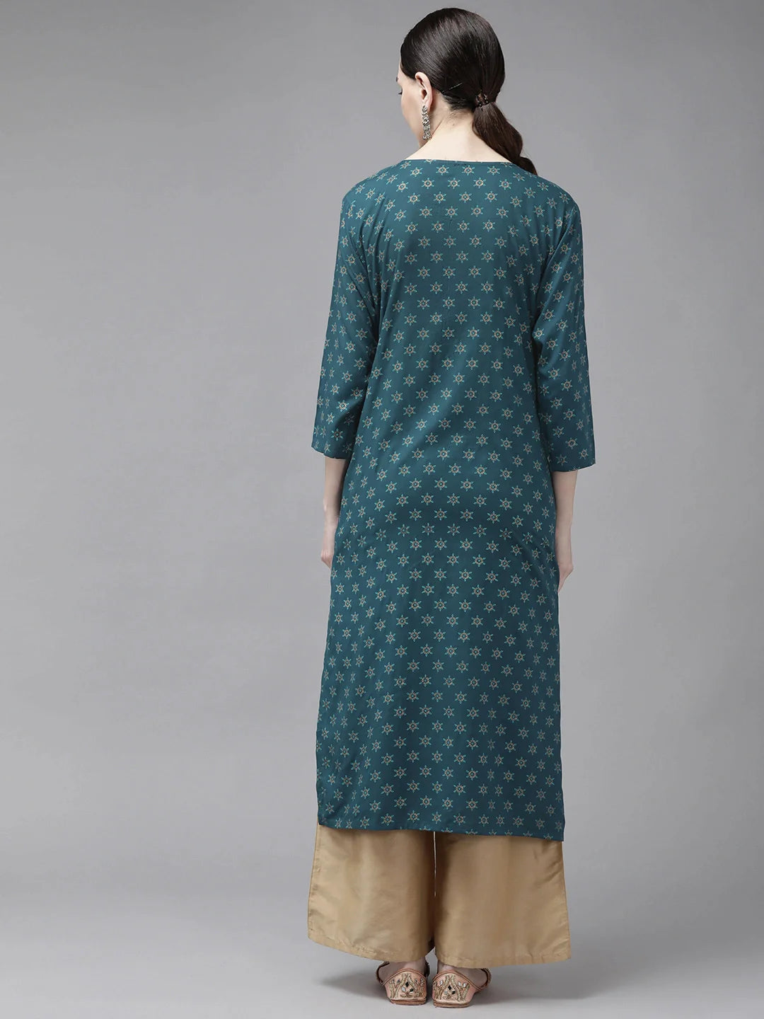 Teal Printed Thread Work Kurta