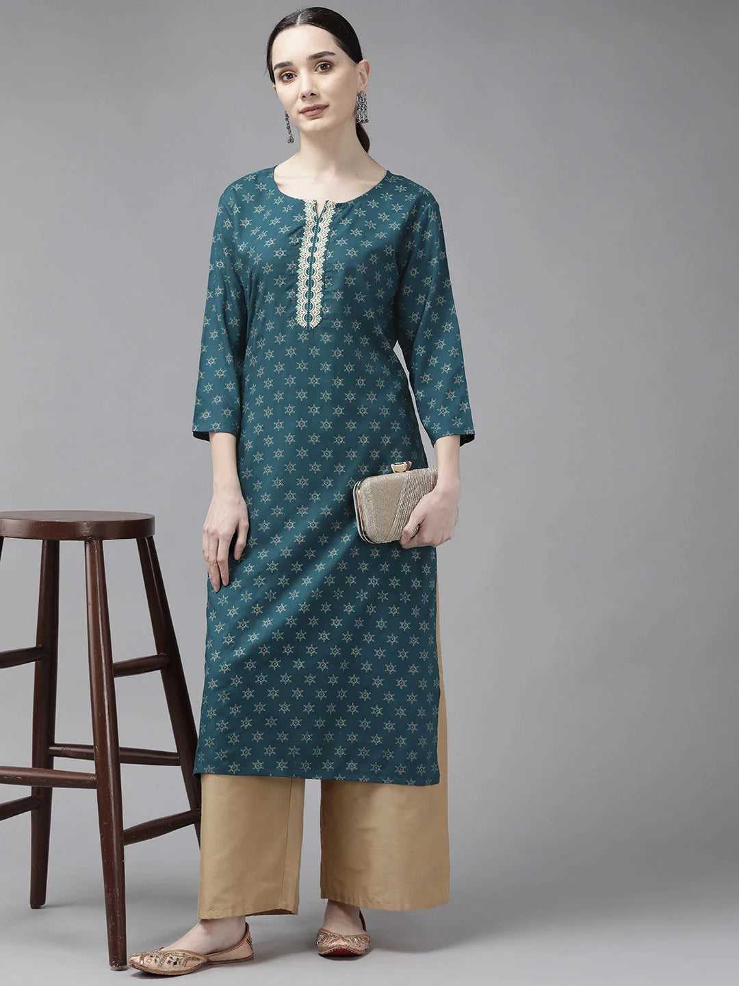 Teal Printed Thread Work Kurta