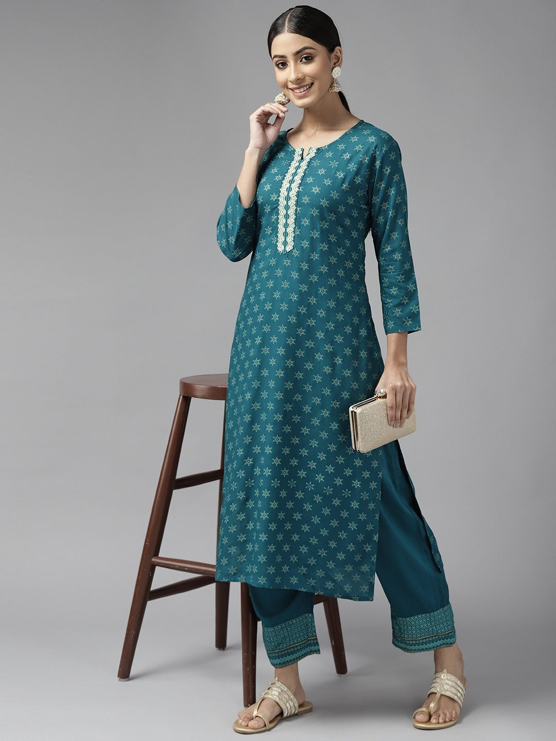 Teal Green Printed Kurta Set