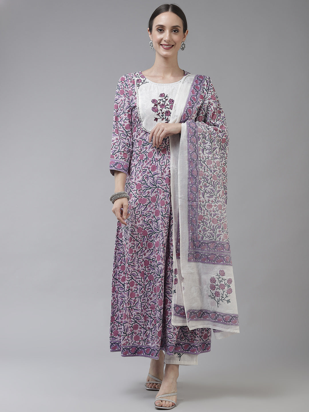 Lavender Ethnic Motifs Cotton Dupatta Set Store