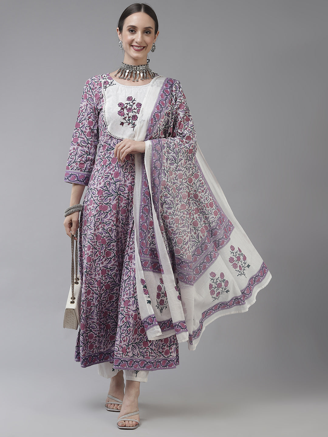 Lavender Ethnic Motifs Cotton Dupatta Set Store