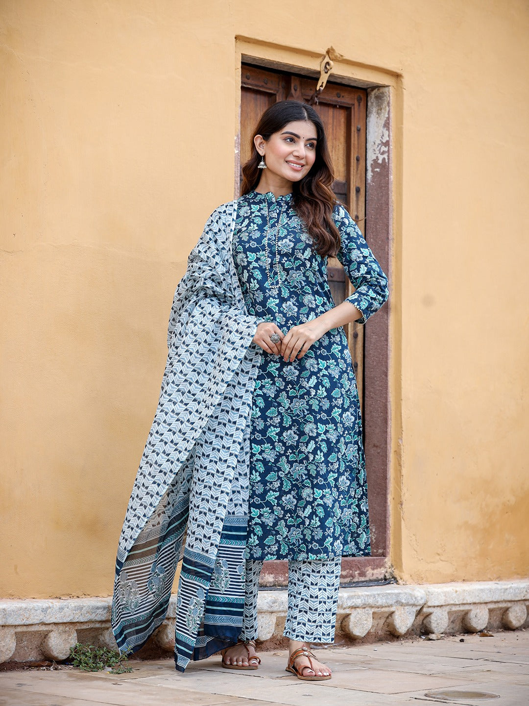 Navy Blue Printed Cotton Dupatta Set 3