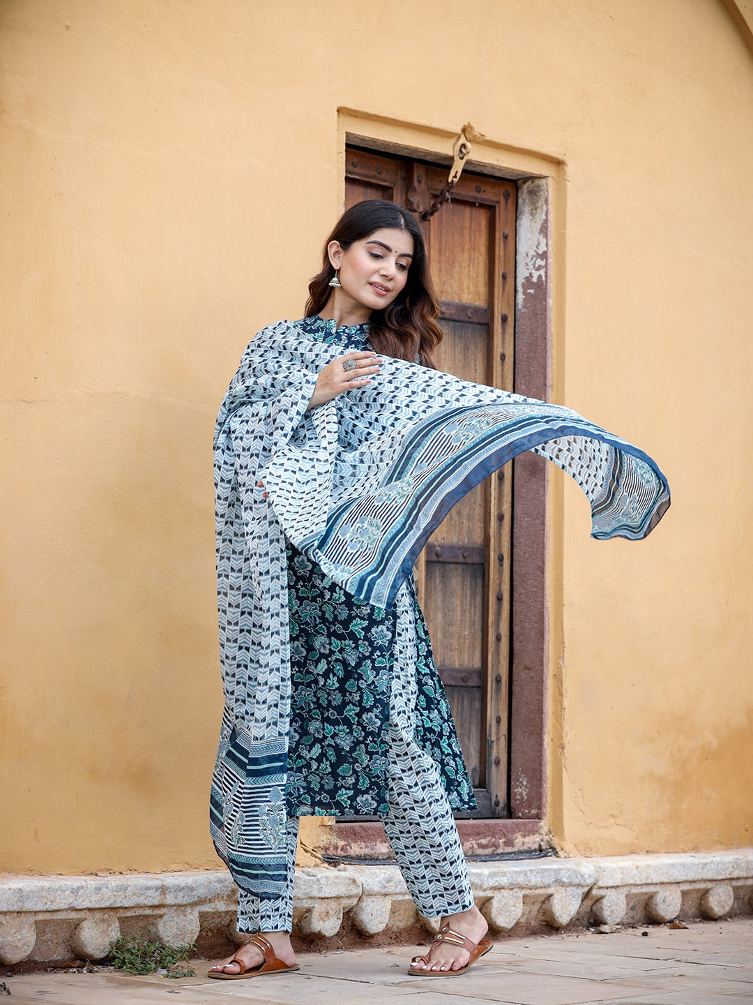 Navy Blue Printed Cotton Dupatta Set 3