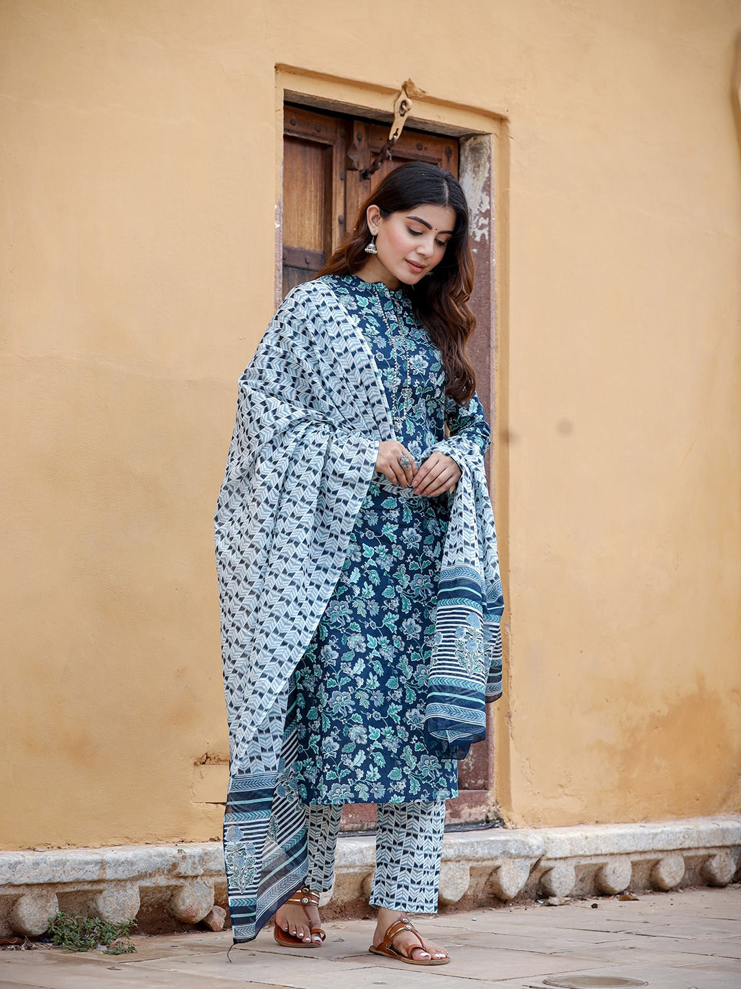 Navy Blue Printed Cotton Dupatta Set 3