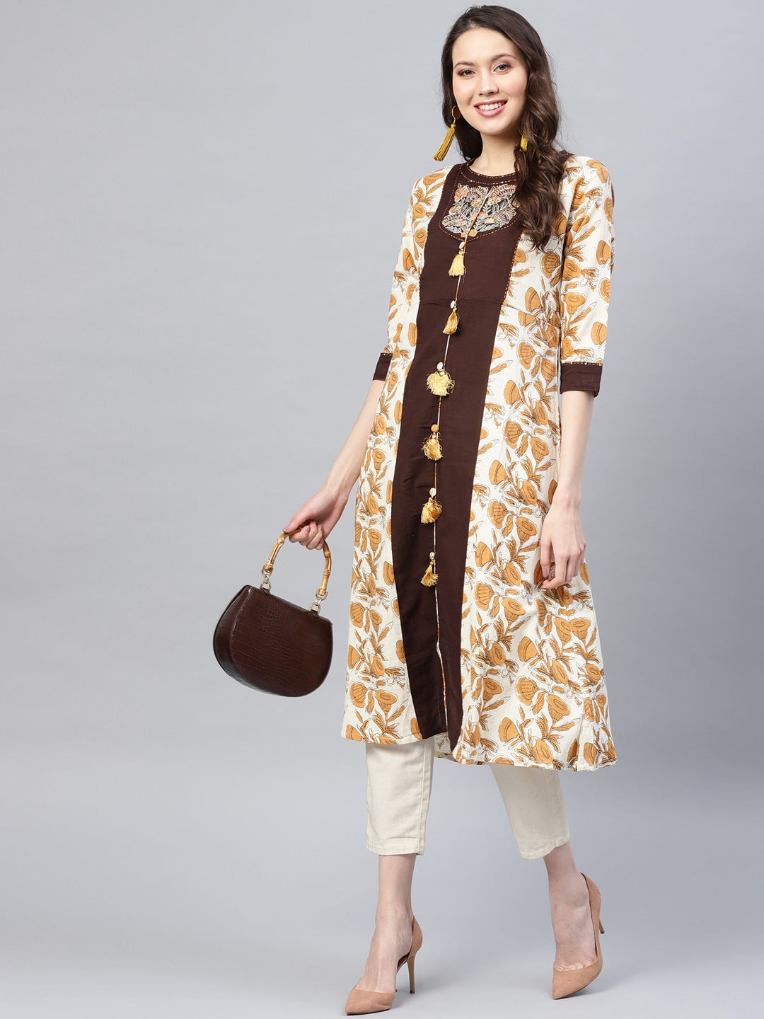 Off-White & Brown Printed Kurta 